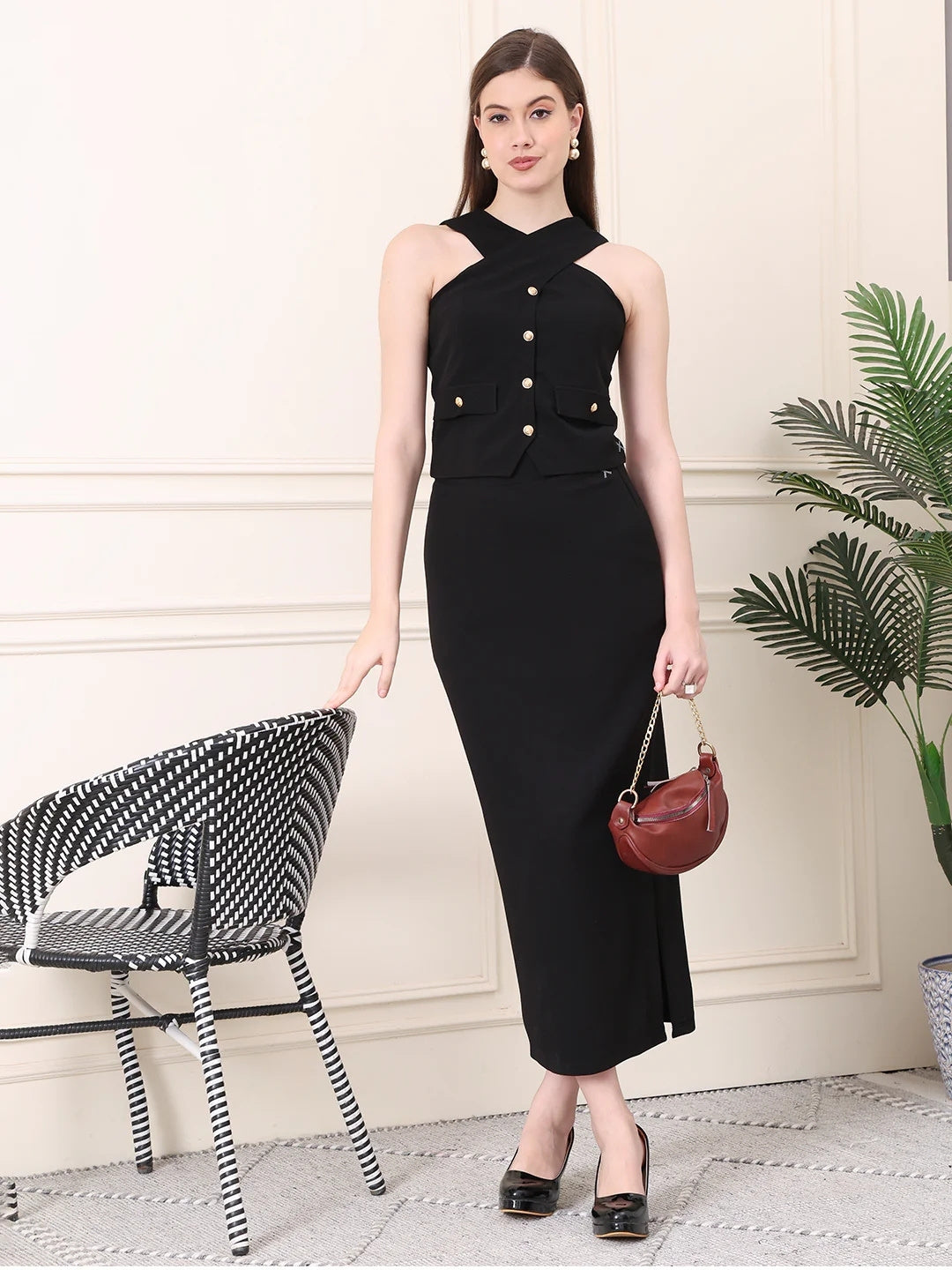 Exude Runway-Ready Long Skirt with Halter Top Black Co-ord Sets
