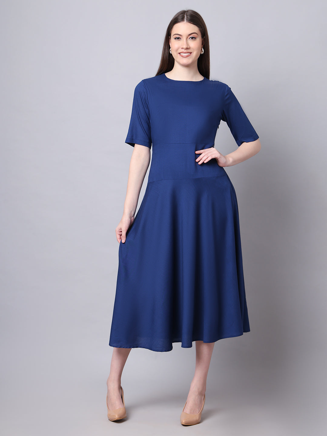 Exude Resilient Radiance Midi Flare Dress with Sleeves Navy Dresses