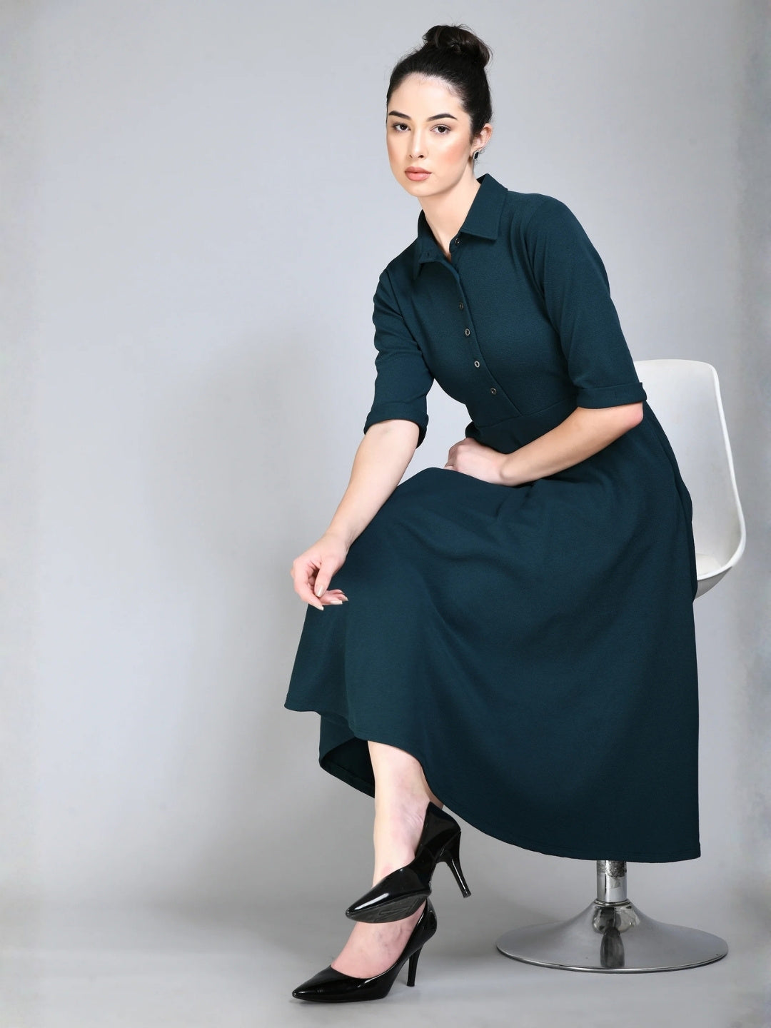 Exude Serenity Fit and Flared Shirt Midi Dress Emerald Green Dresses