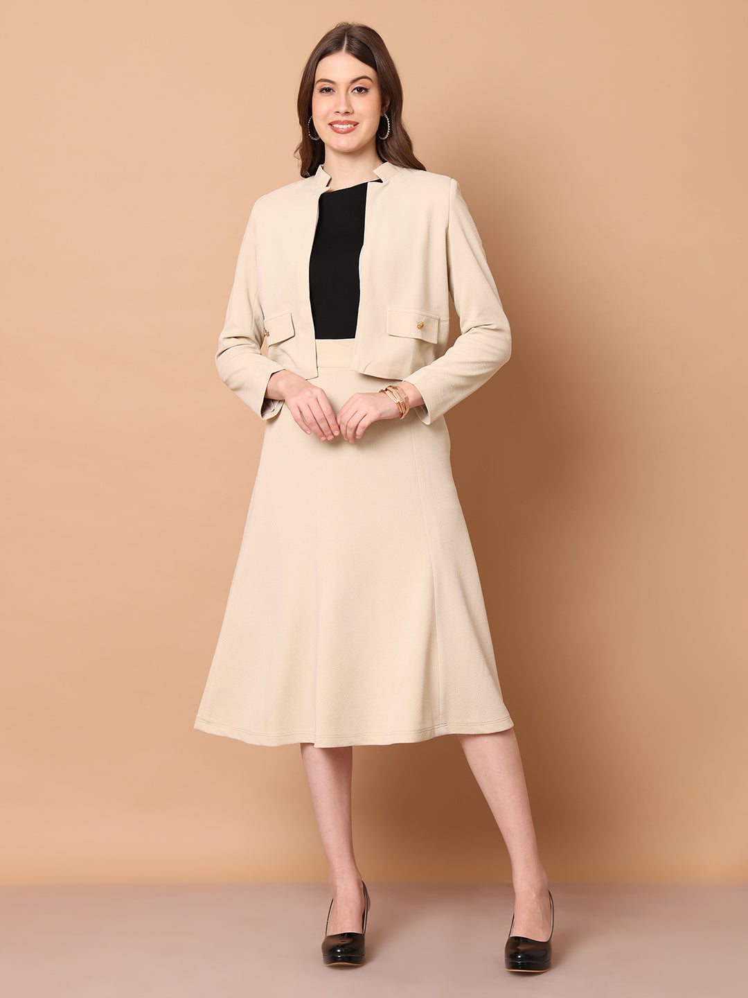 Exude Exuberant Mandarin Collar Blazer with Midi A-line Skirt Beige 