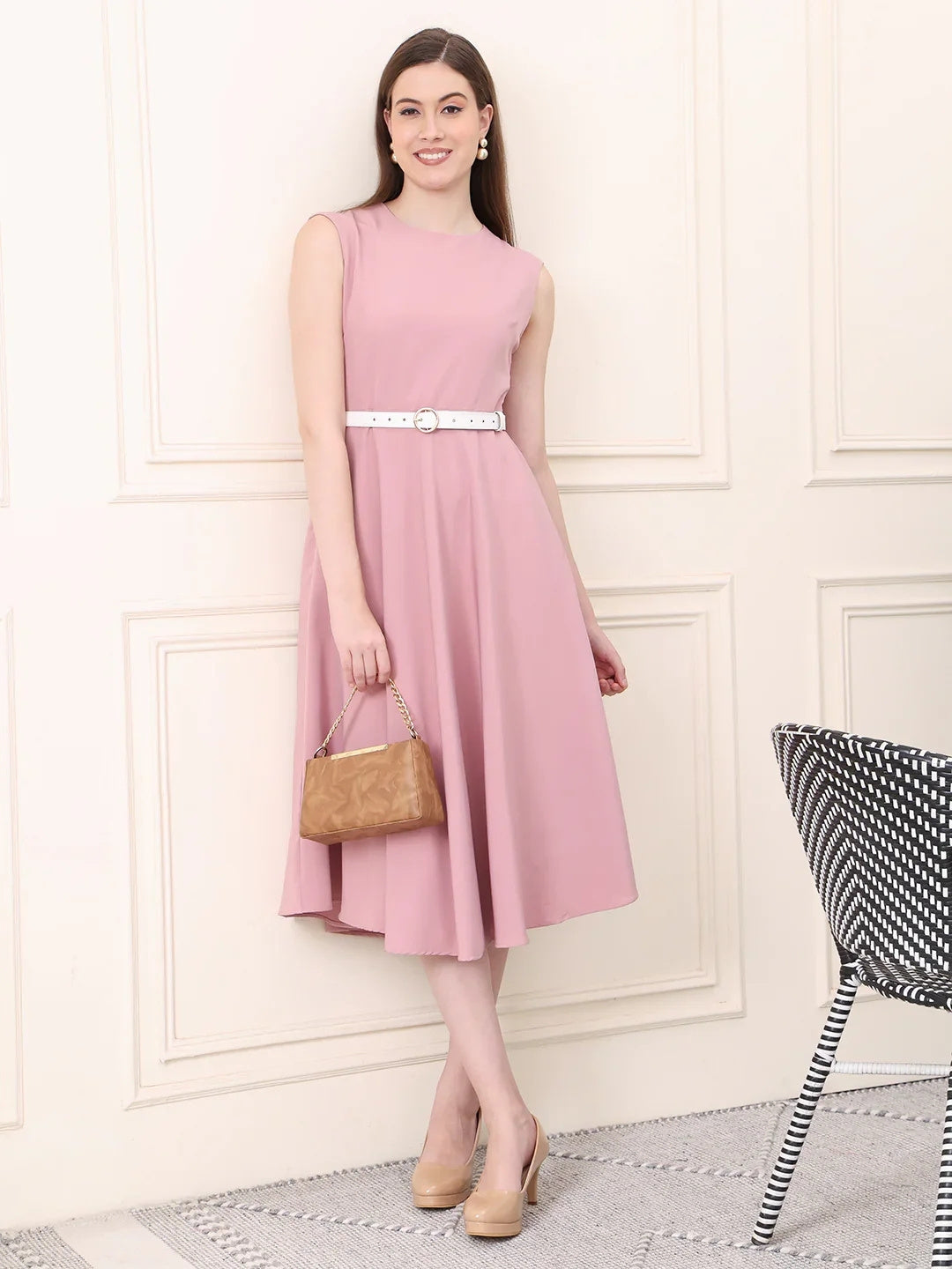 Exude Warmth Fit & Flare Dress with Belt Blush Pink Dresses