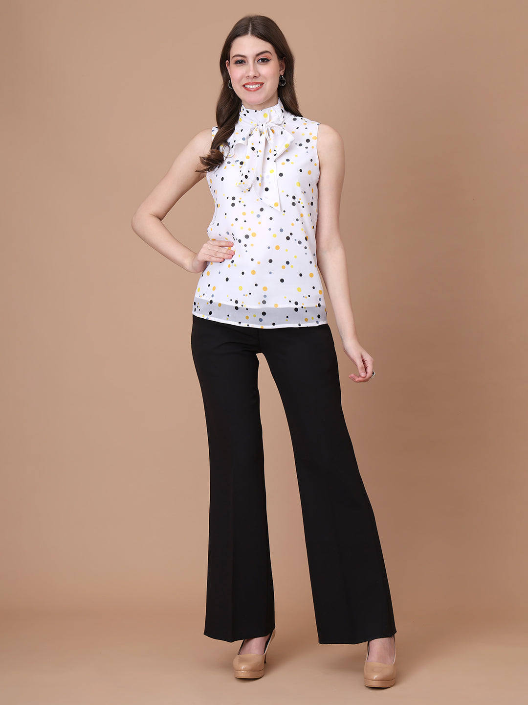 Exude Graceful Threads Sleeveless Polka Top with Front Tie Tops