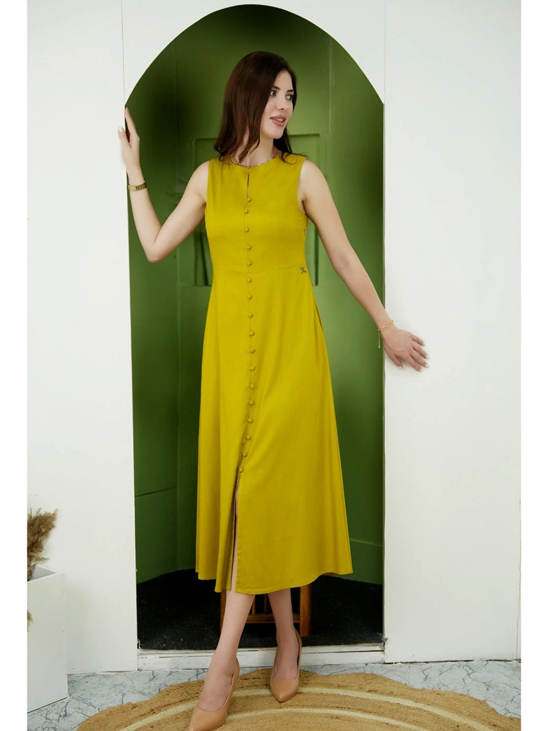 Exude Glowing Front Button Dress With Pockets Lime Green Dresses