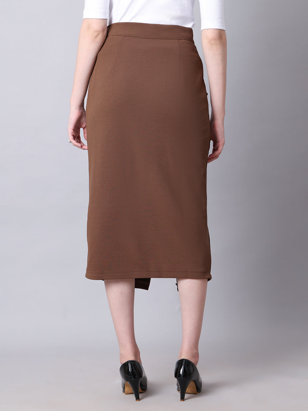 Exude Euphoria Pencil Midi Skirt with Front Slit Coffee Skirt