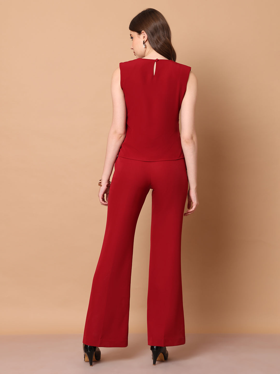 Exude Power in Motion Side and Shoulder Pleat Top Paired with Bootcut Trousers Red Co-ord Sets
