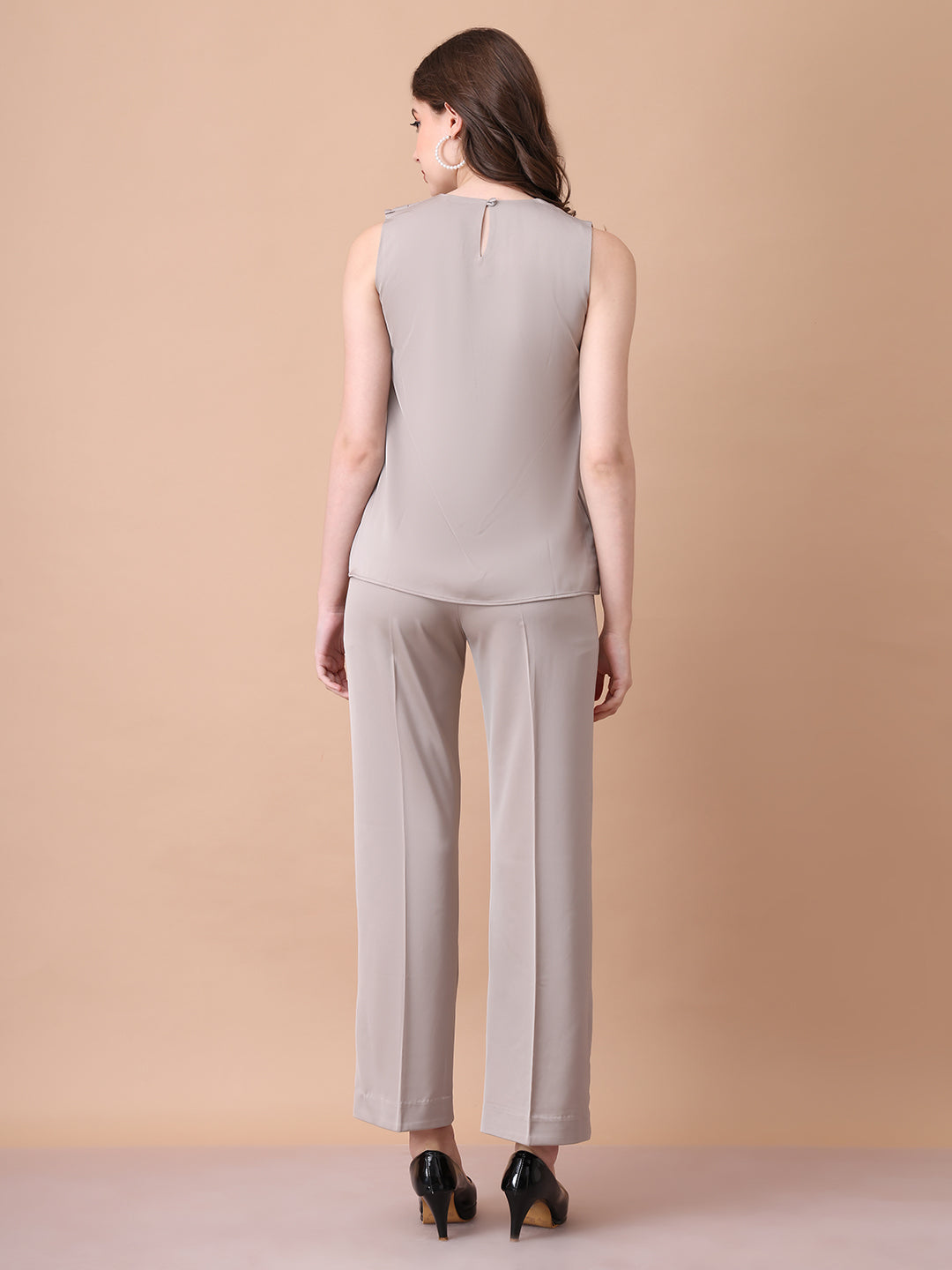 Exude Unbreakable Soft Matt Satin Overlay Sleeveless Top Paired With Straight Fit Trousers Light Beige Co-ord Sets