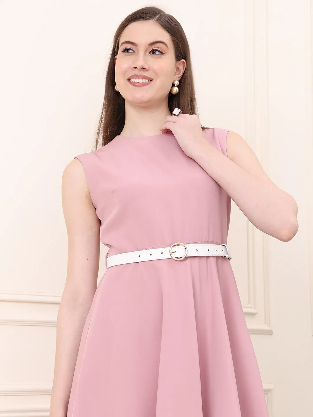 Exude Warmth Fit & Flare Dress with Belt Blush Pink Dresses