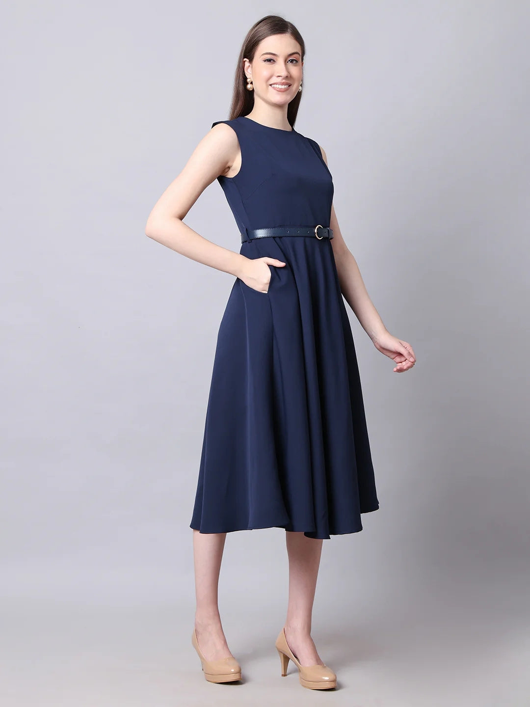 Exude Warmth Fit & Flare Dress with Belt Navy Dresses
