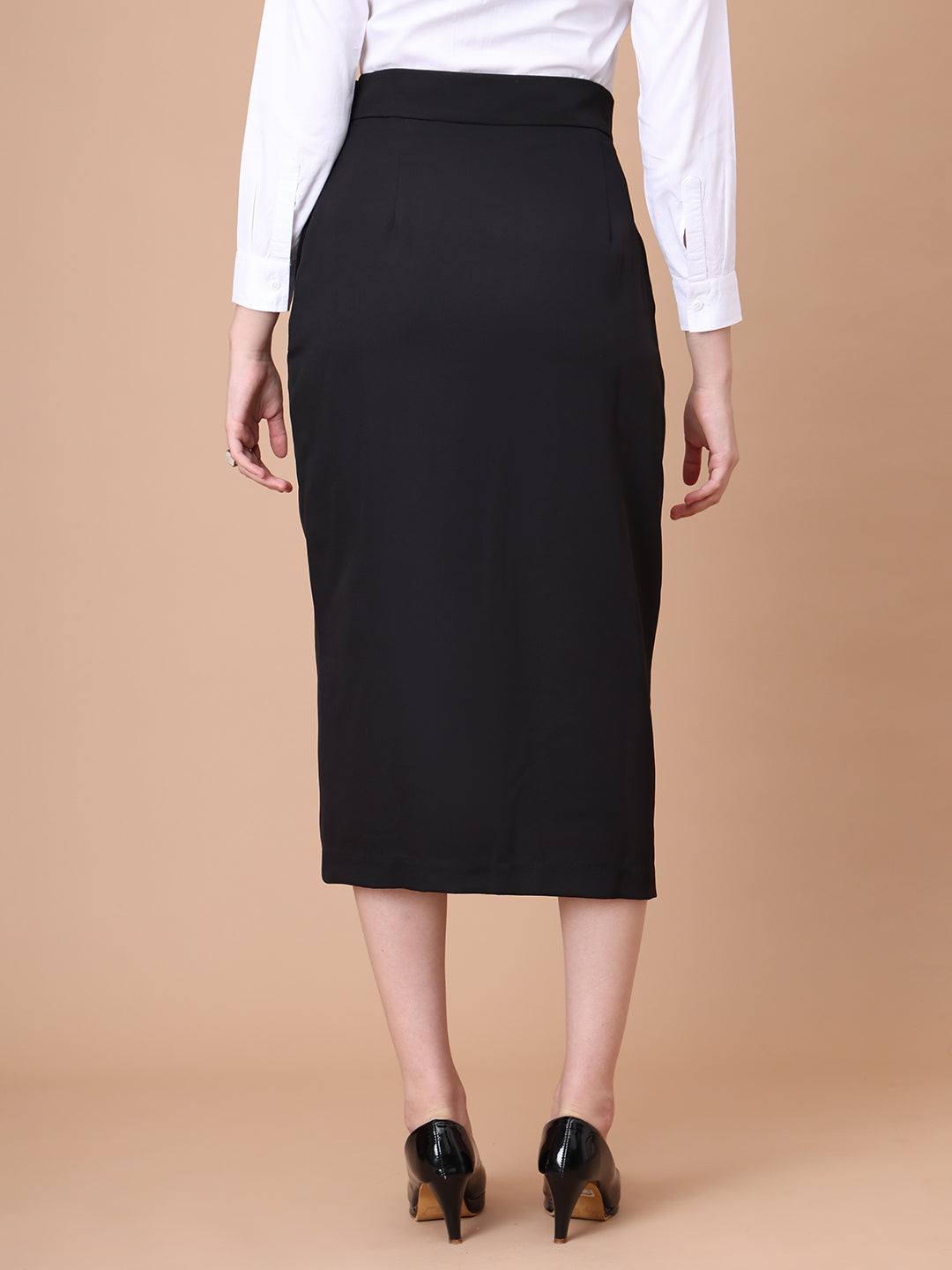 Exude Unstoppable Grace Midi Skirt With Front Slit Black Skirt