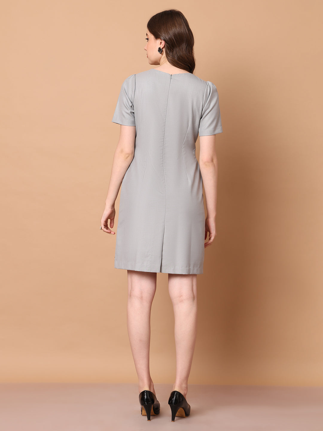Exude Chic Revolution Suiting Fabric Front Button Shift Dress Grey Dresses