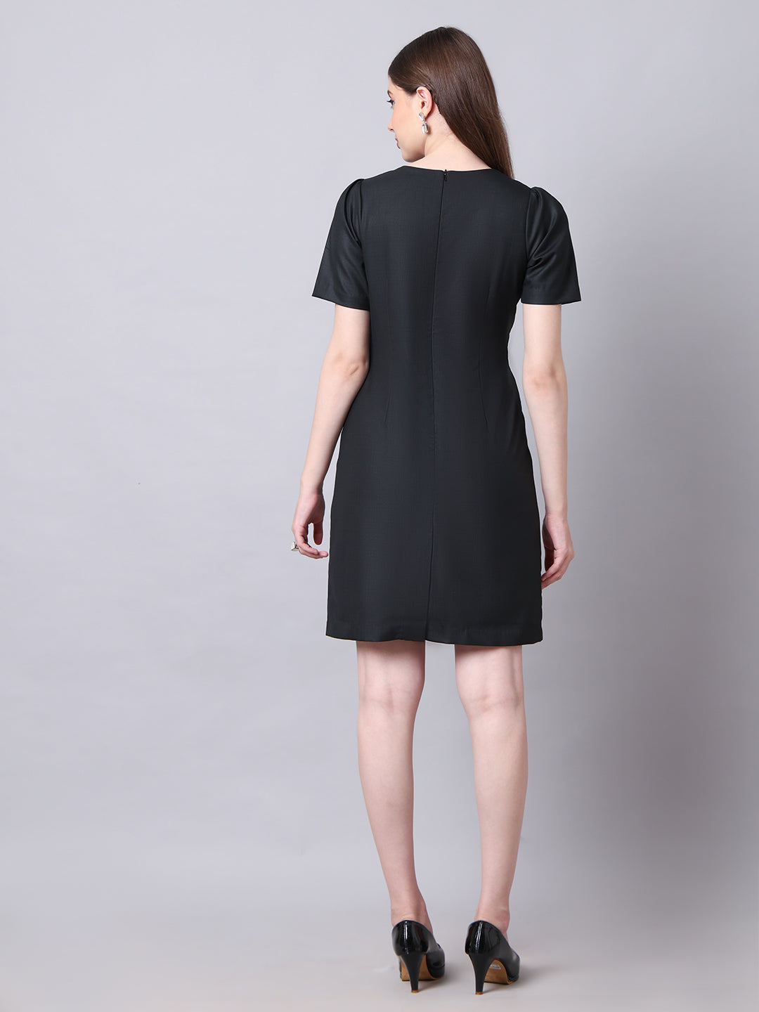 Exude Chic Revolution Suiting Fabric Front Button Shift Dress Black Dresses