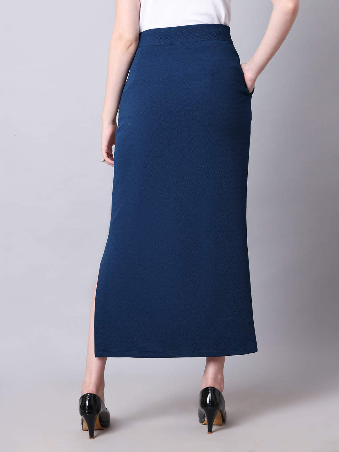Exude Statement Piece Long Black Skirt with Side Slit Royal Blue Skirt
