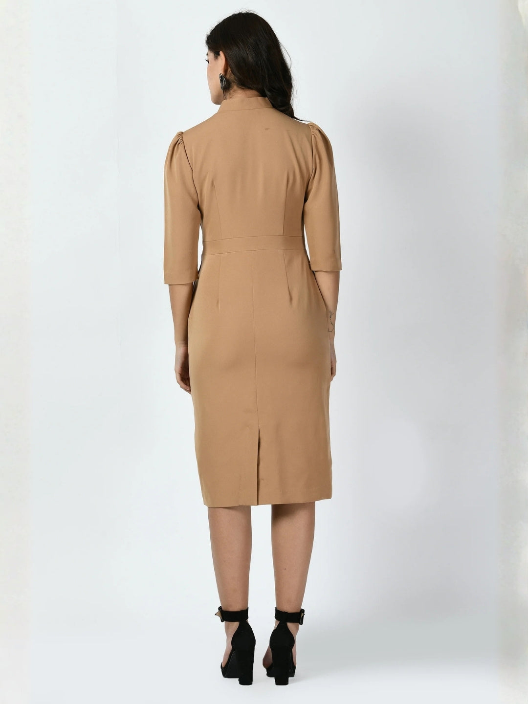 Exude Grace Puff Sleeves Sheath Dress Beige Dresses