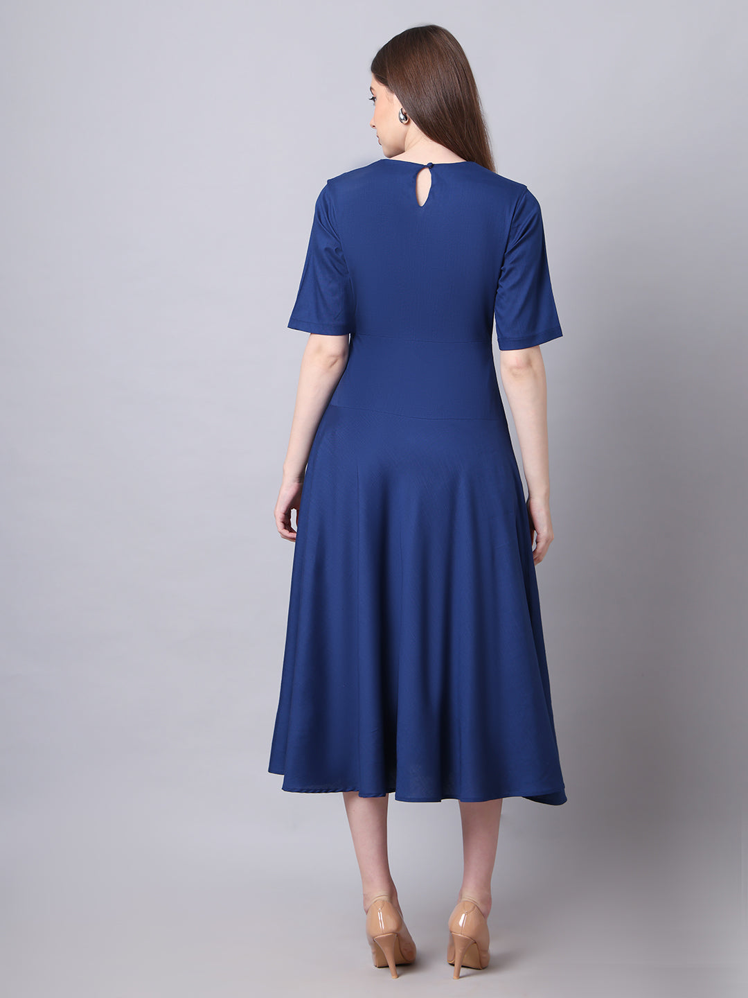 Exude Resilient Radiance Midi Flare Dress with Sleeves Navy Dresses