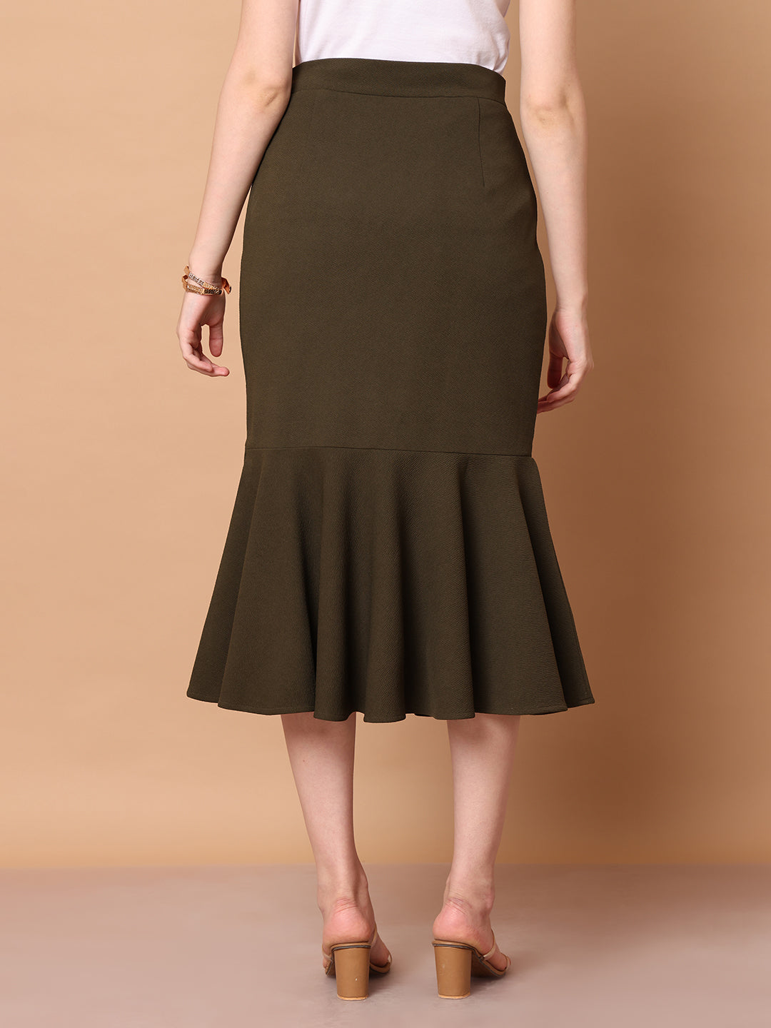 Exude Wanderlust Wardrobe, Fishtail Midi Skirt Olive 