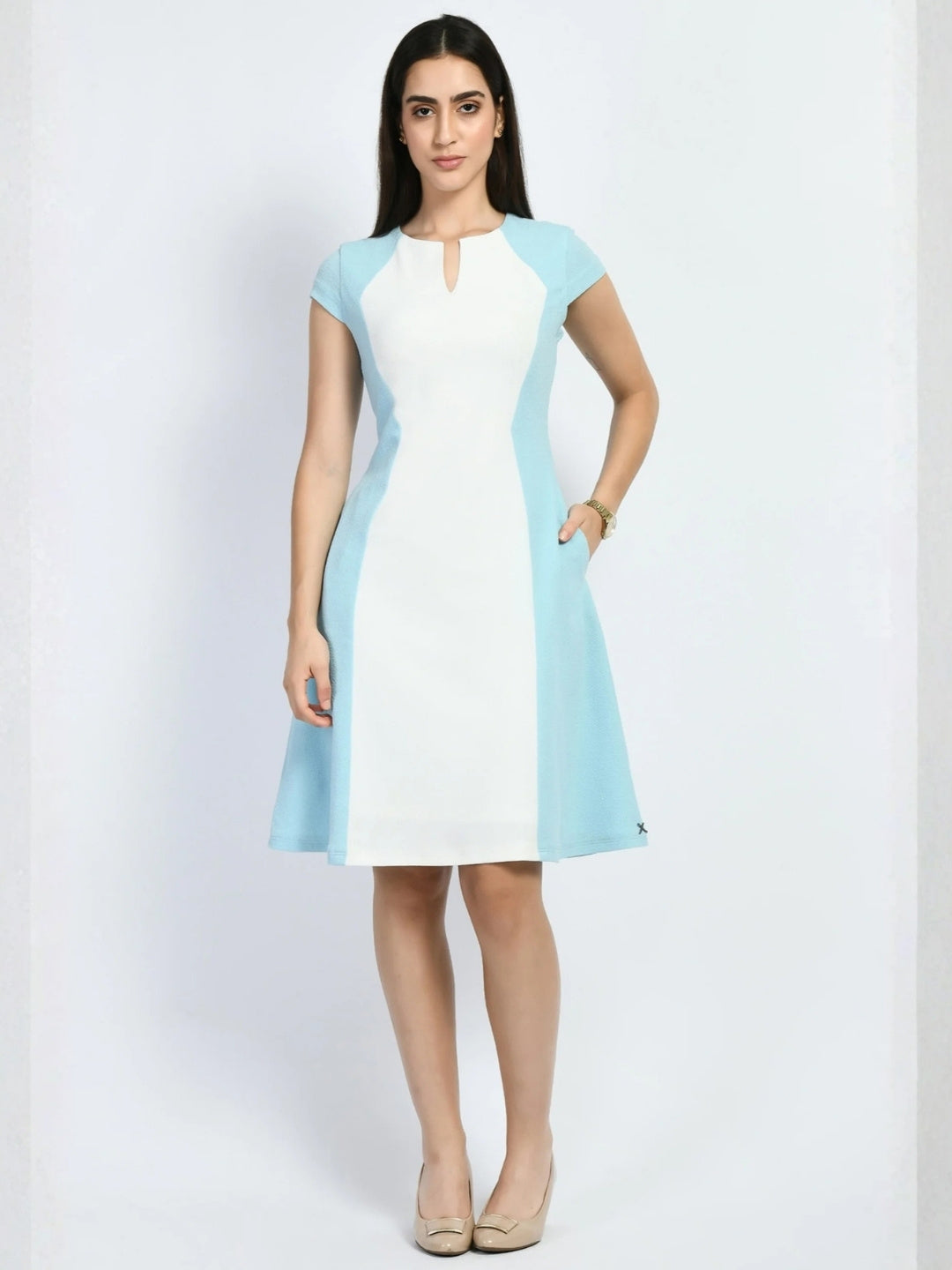 Exude Awe Colour-blocked Sculpt A-line Dress Sky Blue Dresses