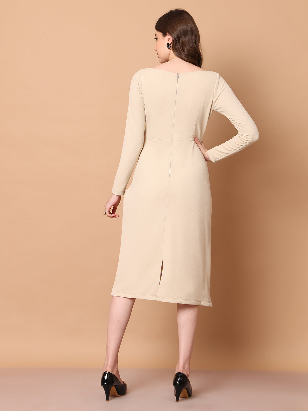 Exude Feminine Flair Front Fold Wrap Dress Beige Dresses