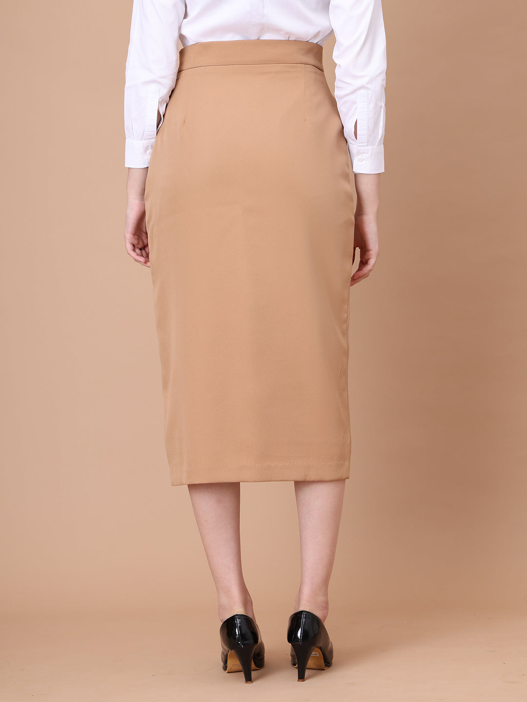 Exude Unstoppable Grace Midi Skirt With Front Slit Beige Skirt