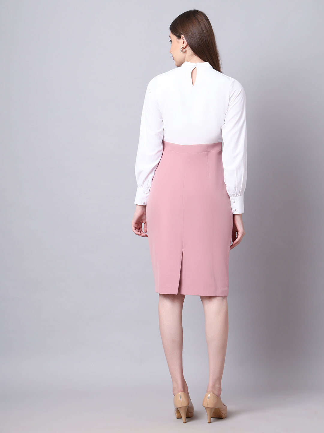 Exude Show-stopping Colour Block with High Neck Dress Dusty Pink 