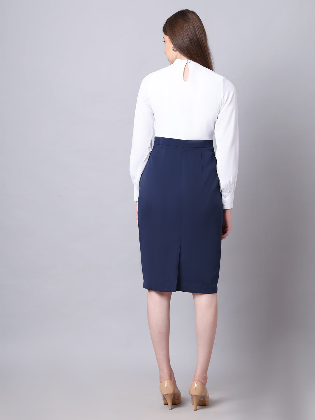 Exude Show-Stopping Colour Block with High Neck Dress Navy Dresses