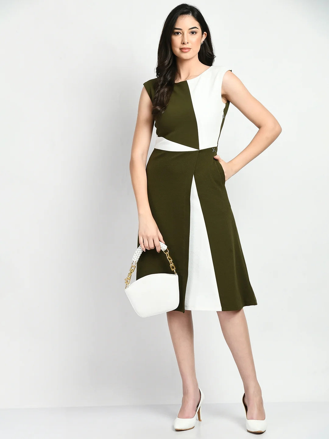 Exude Elegance Colour Blocked A-line Wrap Dress Olive + White Dresses