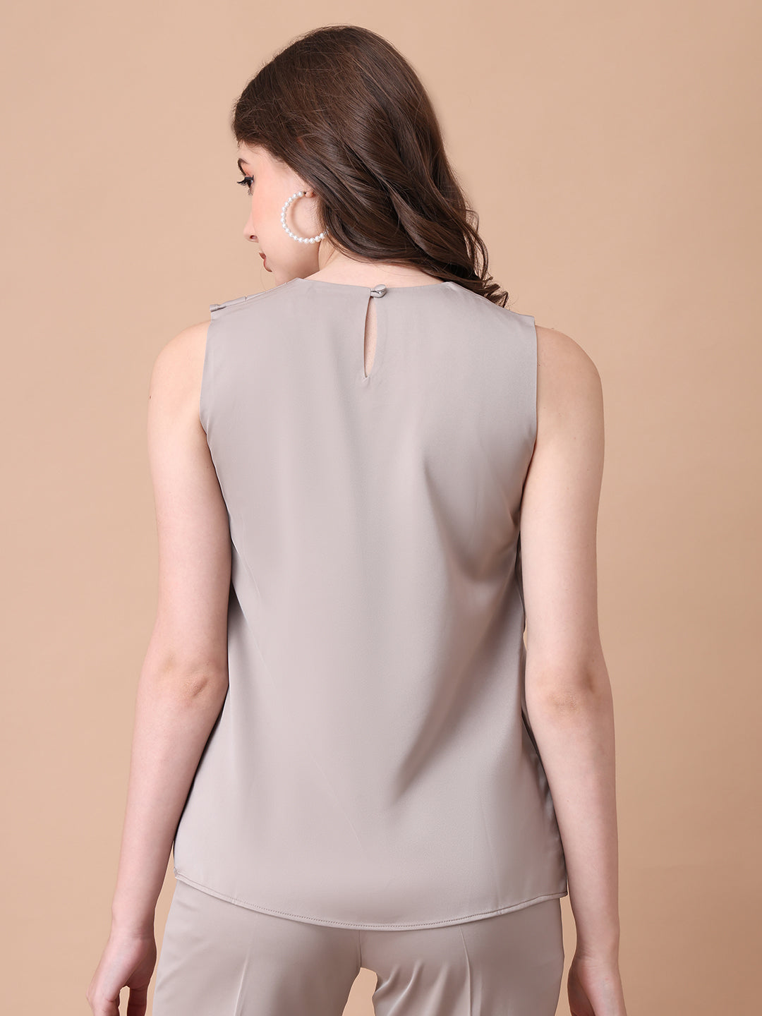 Exude Infinite Femme Satin Sleeveless Top with Front Side Overlay Light Beige Tops