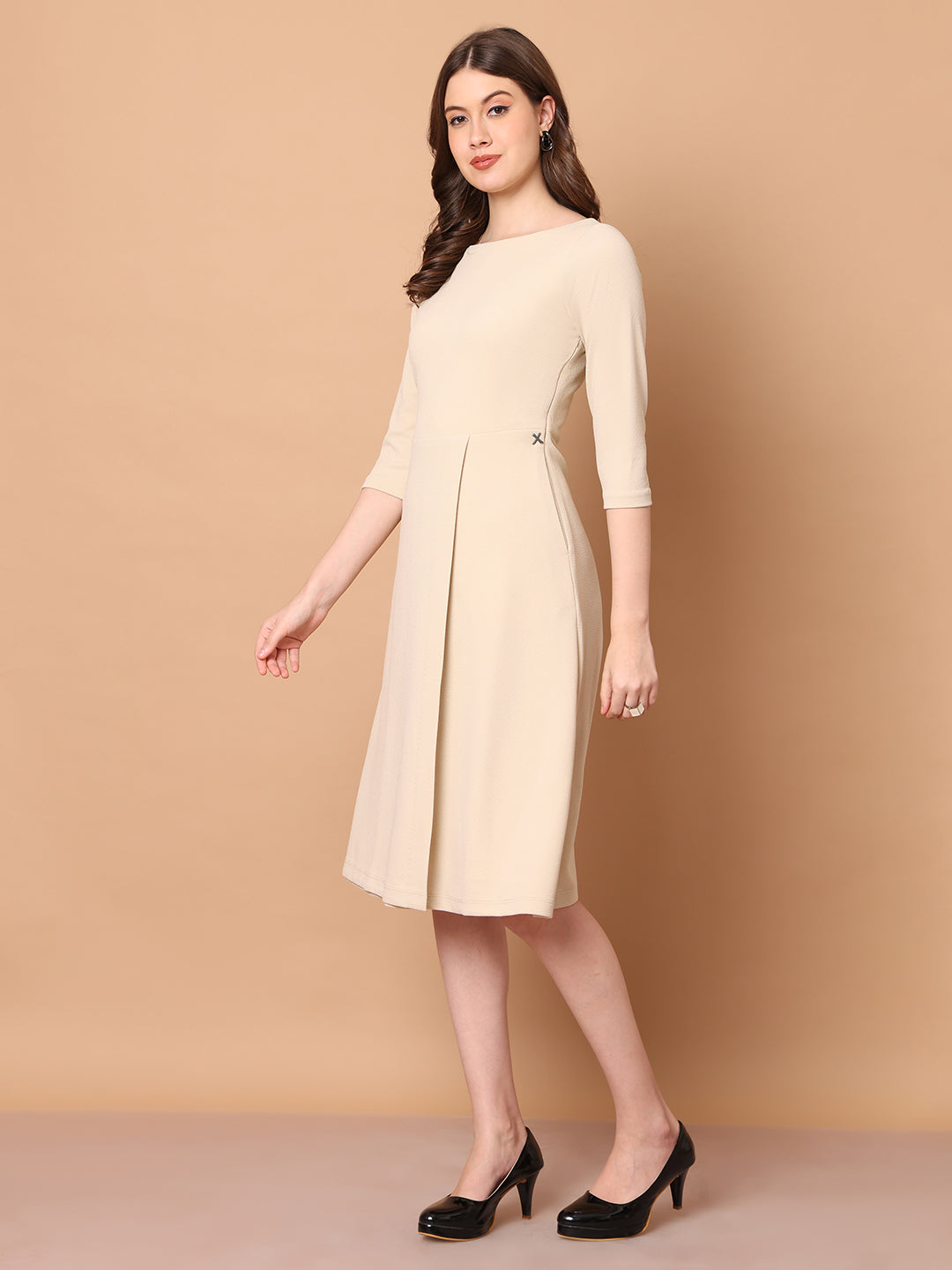 Exude Urban Elegance Wrap Dress with Sleeves Beige Dresses