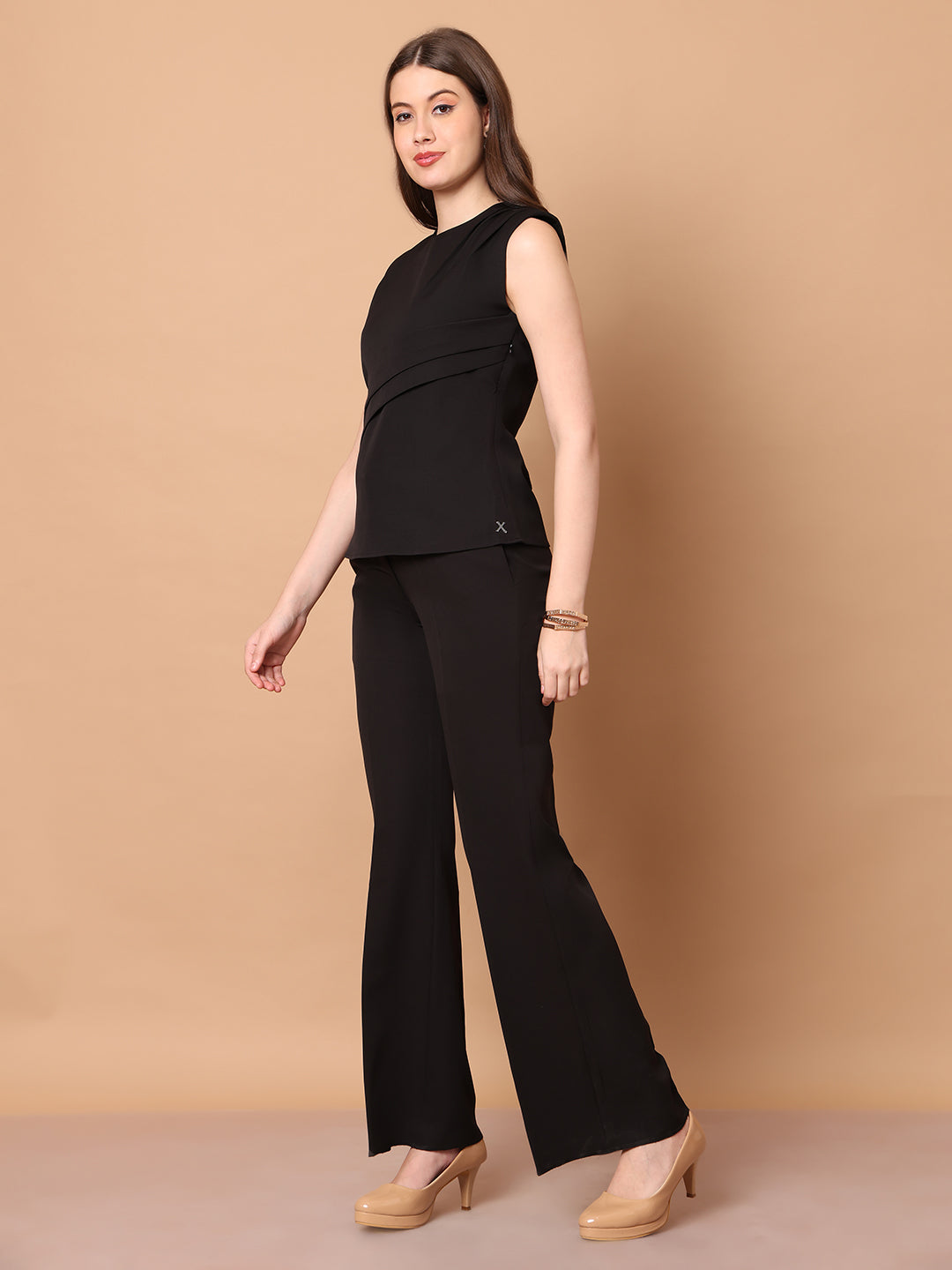 Exude Power in Motion Side and Shoulder Pleat Top Paired with Bootcut Trousers Black Trousers
