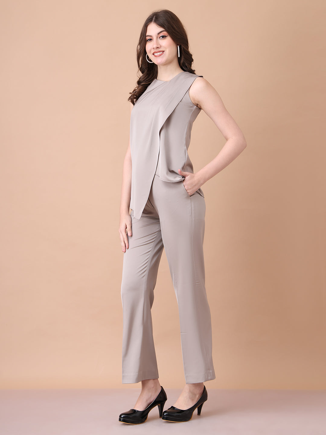Exude Unbreakable Soft Matt Satin Overlay Sleeveless Top Paired With Straight Fit Trousers Light Beige Co-ord Sets