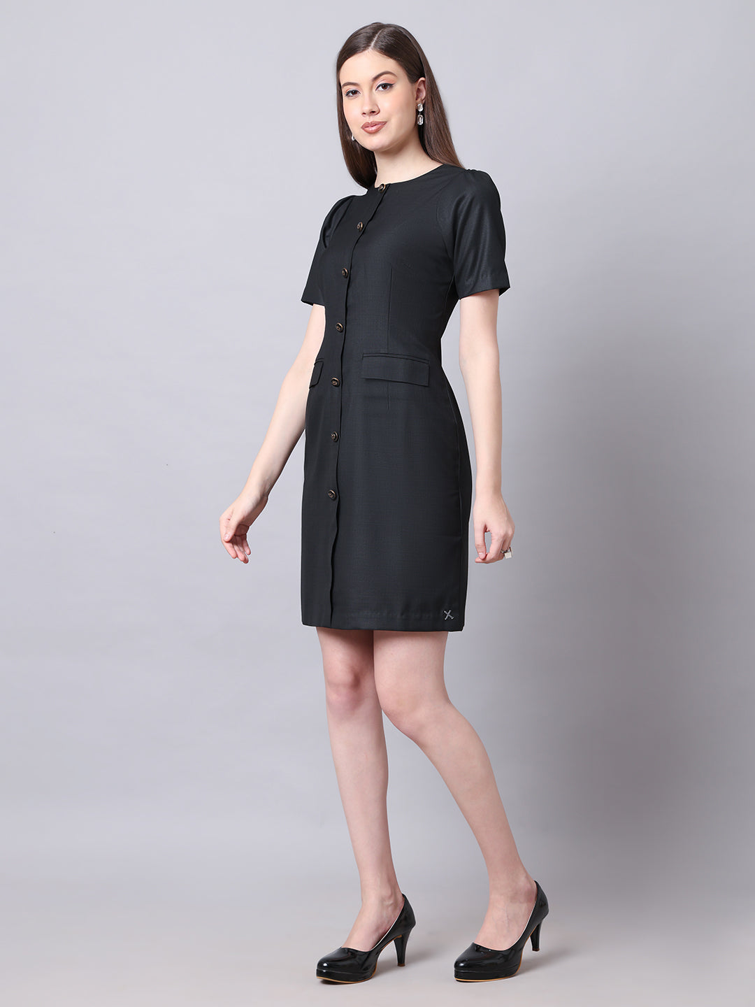 Exude Chic Revolution Suiting Fabric Front Button Shift Dress Black Dresses