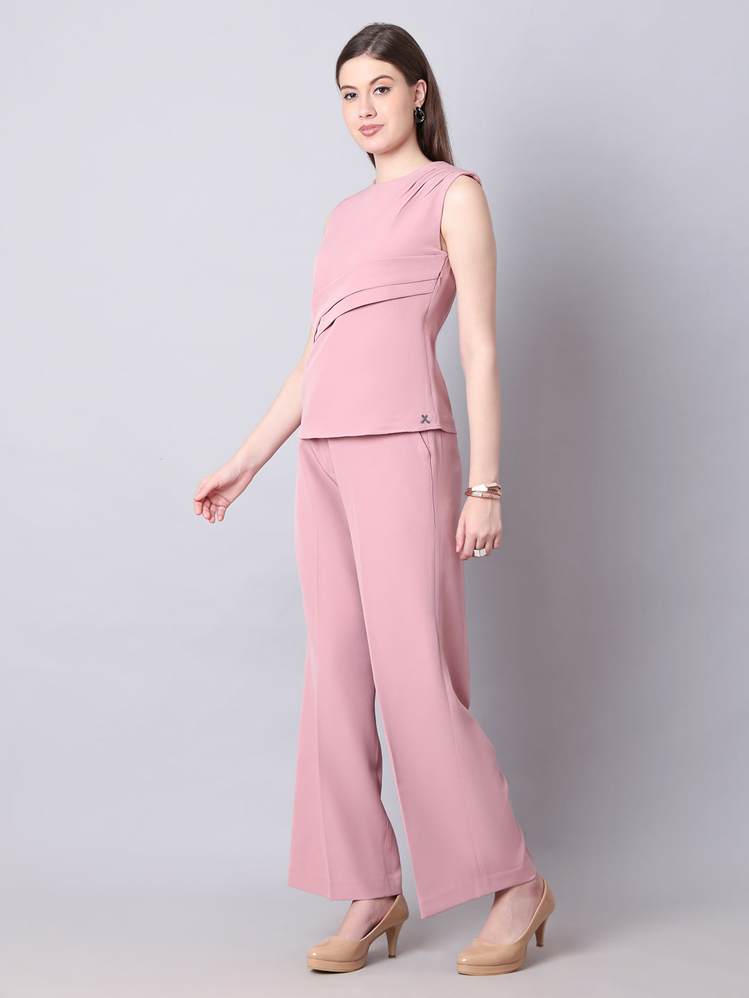 Exude Warrior Queen Side and Shoulder Pleat Top Paired with Wide Leg Trousers Dusty Pink Co-ord Sets