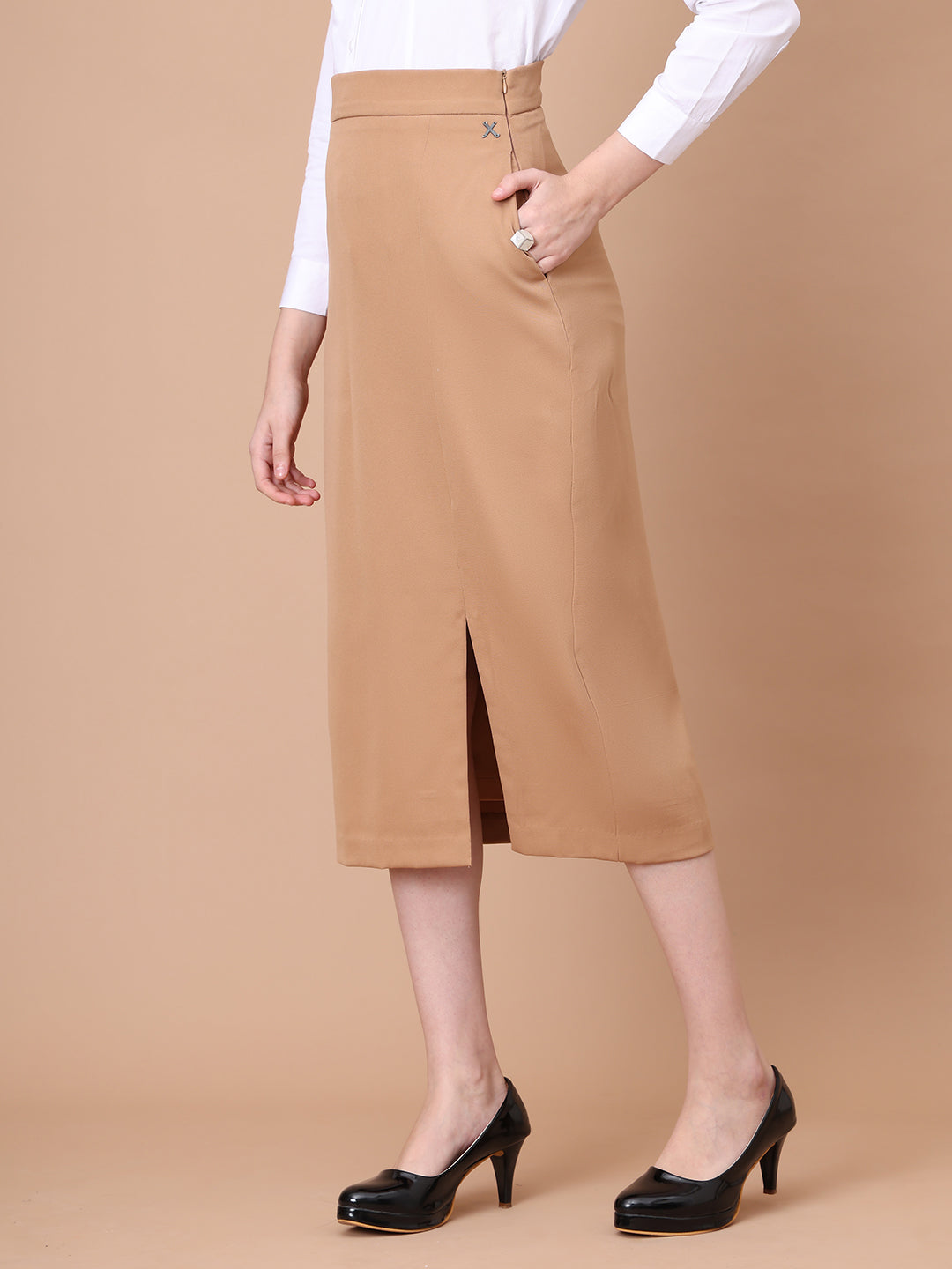 Exude Unstoppable Grace Midi Skirt With Front Slit Beige Skirt