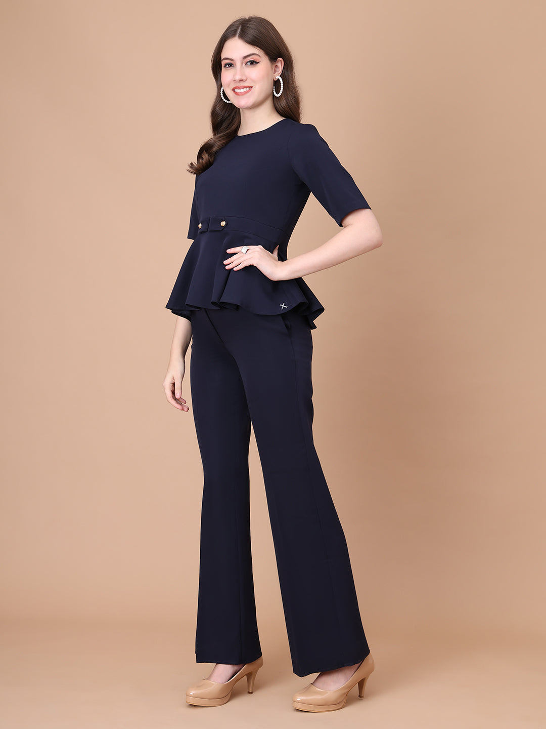 Exude Rise & Roar A-Line op with Waist Detail, Paired With Matching Bootcut Trouser Navy Co-ord Sets