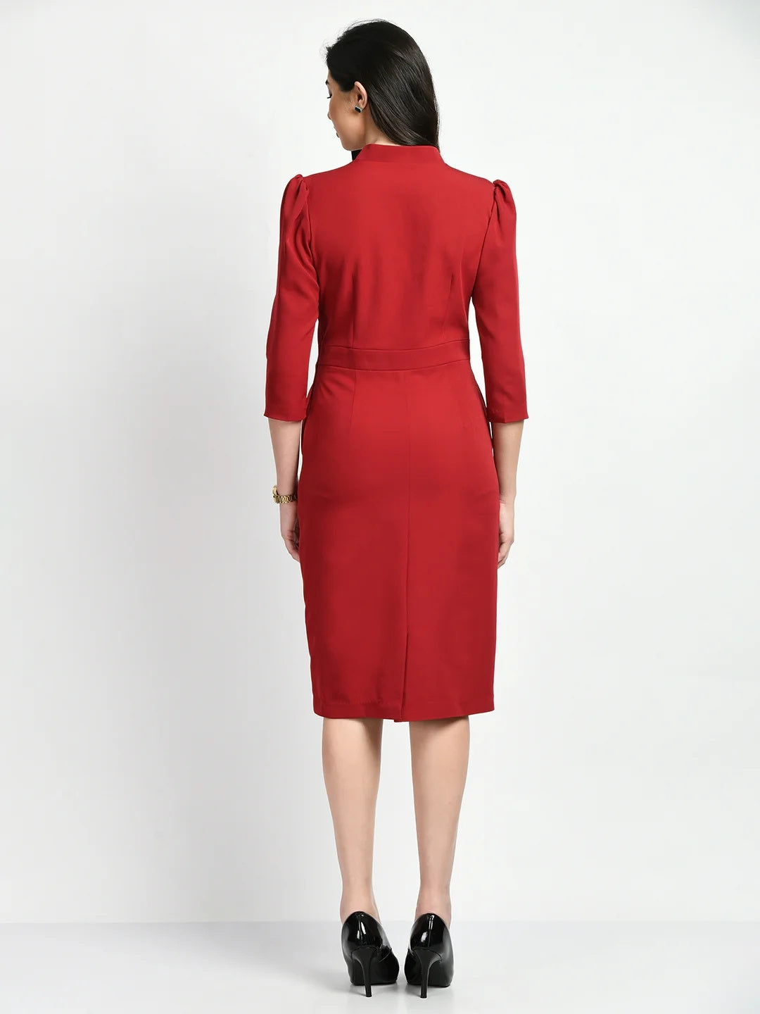 Exude Grace Puff Sleeves Sheath Dress Red Dresses