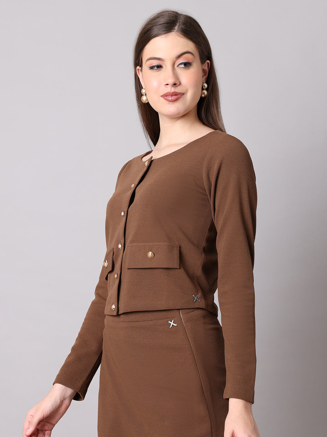Exude Enchanting Button-down Crop Blazer Coffee Blazers