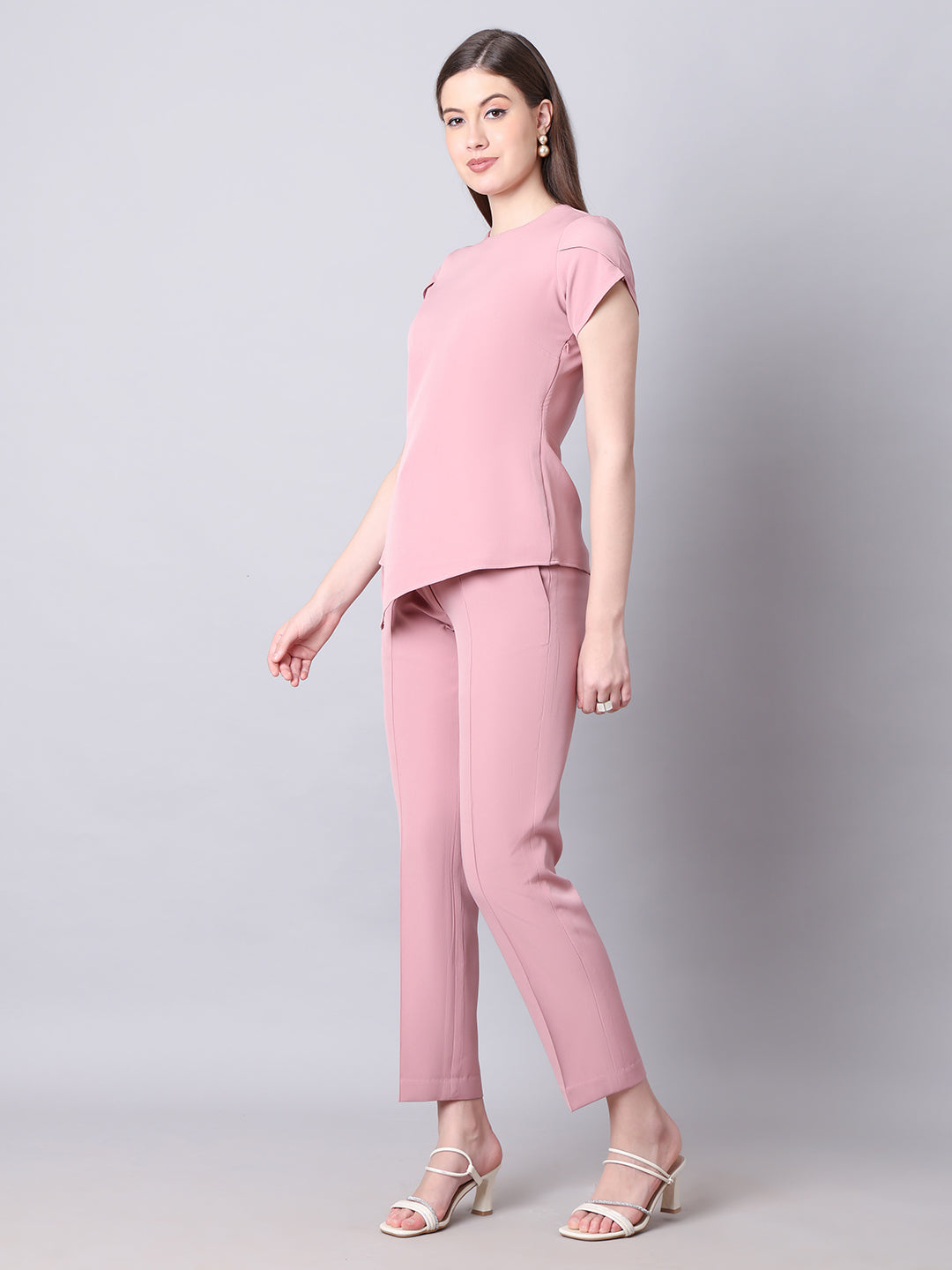 Exude Iconic Asymetrical Top with Straight Fit Trouser Co-ord Dusty Pink Co-ord Sets