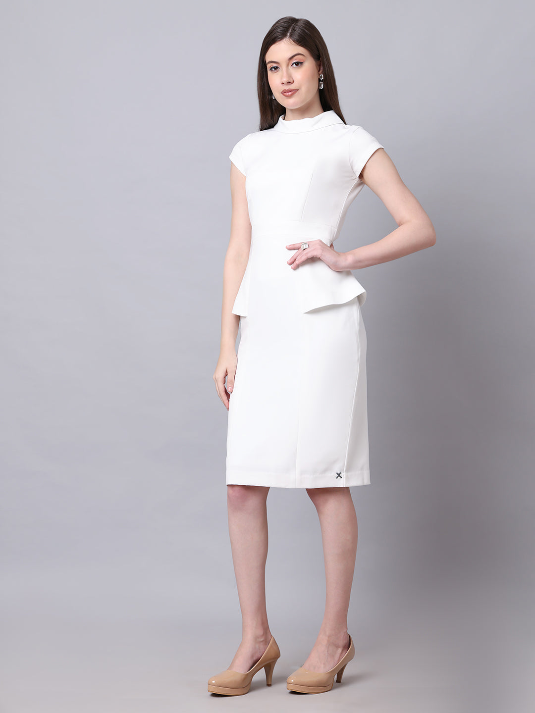 Exude Bold & Beautiful High neck Dress with Cap Sleeves White Dresses