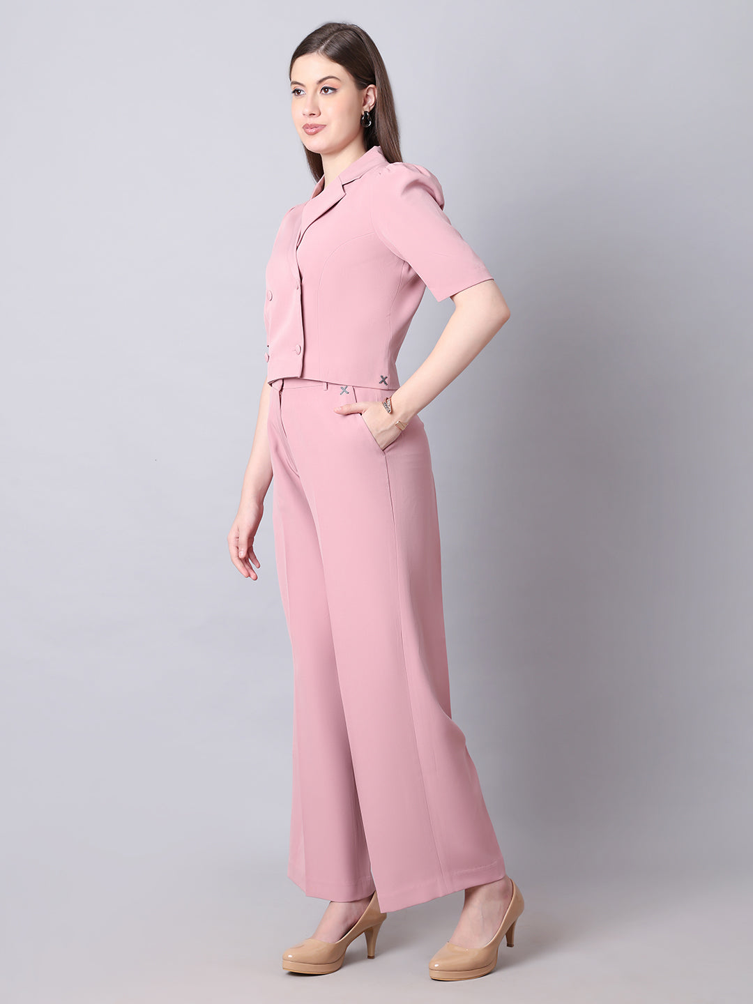 Exude Fierce & Fabulous Crop Blazer and Wide Leg Trousers Pink Trousers