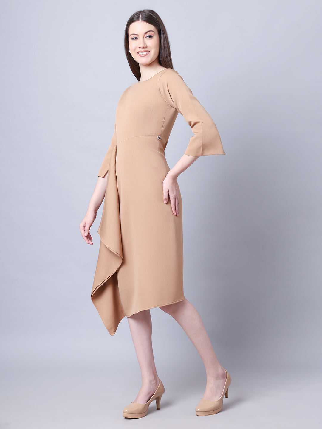 Exude Sunlit Drape Dress With Sleeves Beige Dresses