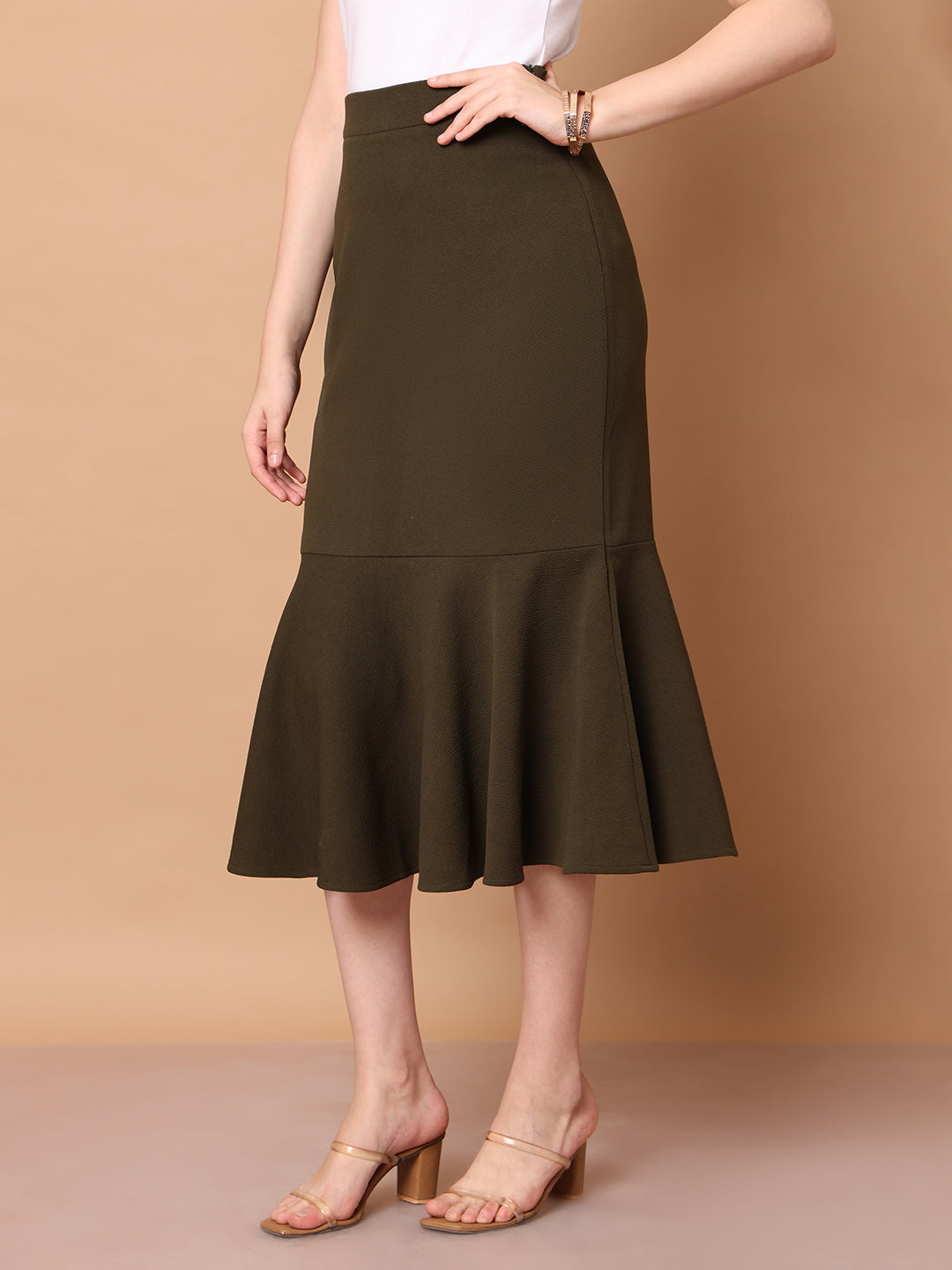 Exude Wanderlust Wardrobe, Fishtail Midi Skirt Olive 