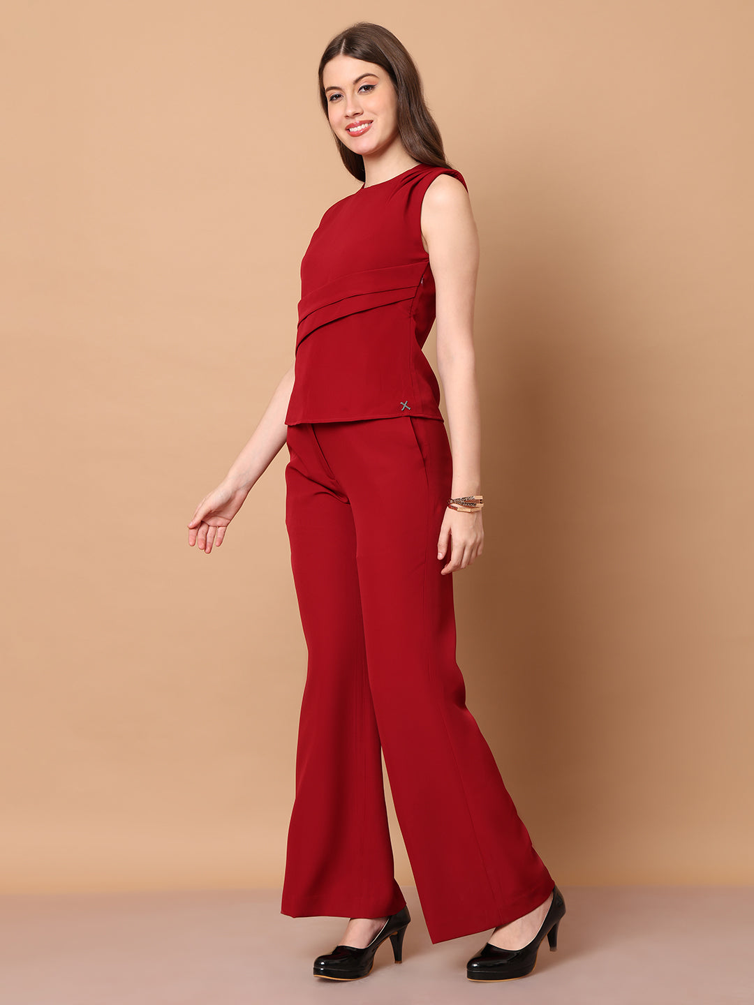 Exude Power in Motion Side and Shoulder Pleat Top Paired with Bootcut Trousers Red Co-ord Sets