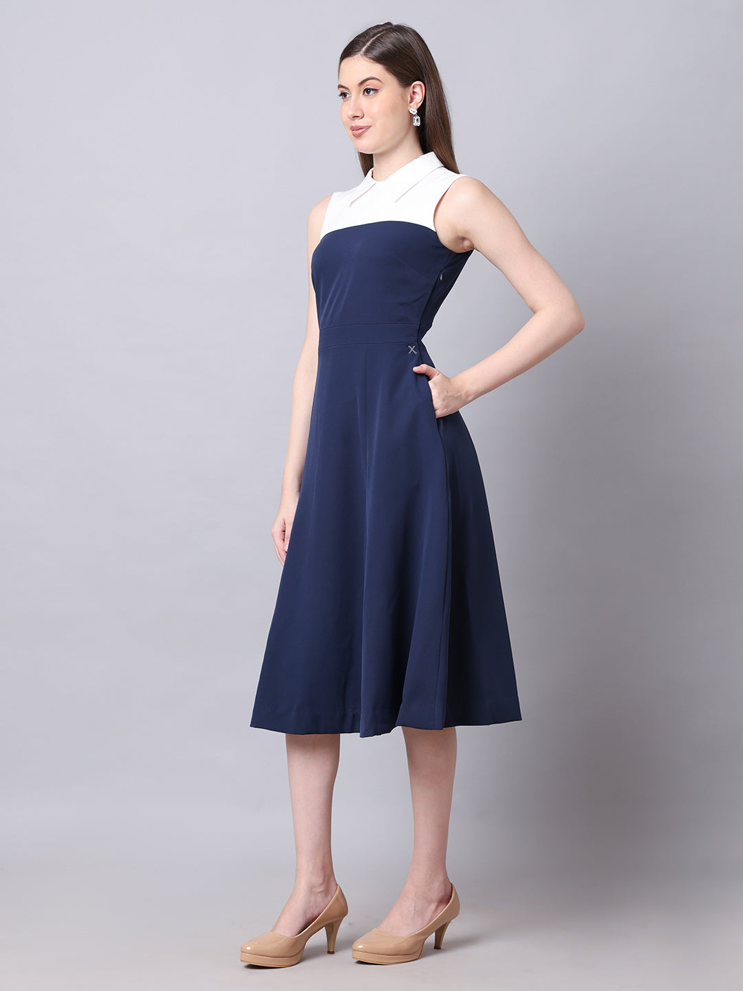 Exude Bronzed Color Block Dress With Collar Navy Dresses