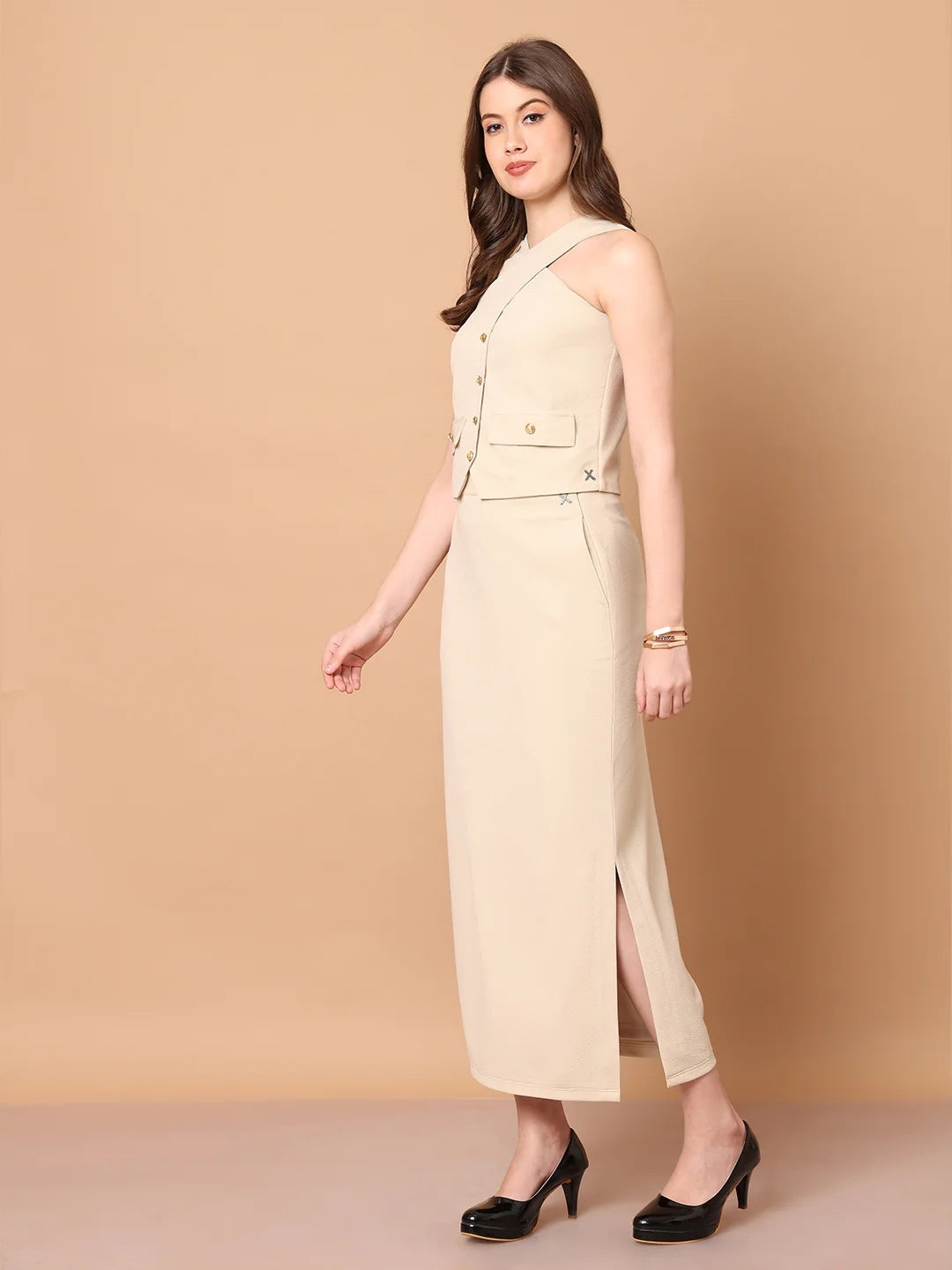 Exude Runway-Ready Long Skirt with Halter Top Beige Co-ord Sets