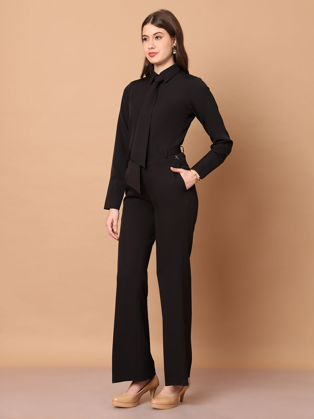 Exude Feminine touch Tie Shirt Black Tops