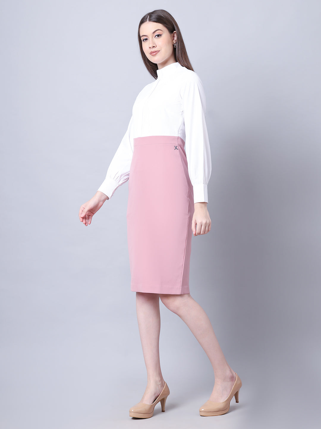 Exude Show-stopping Colour Block with High Neck Dress Dusty Pink 