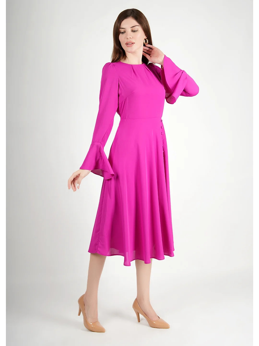 Exude Gleaming Fit & Flare Dress with Long Sleeves Rosy Pink Dresses