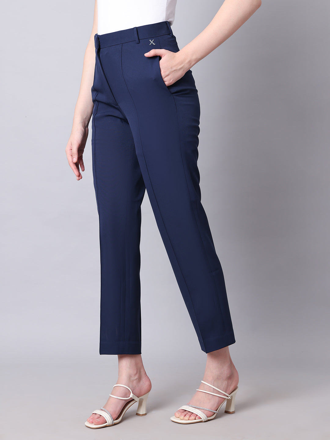 Exude Timeless Threads Straight Fit Trousers with Pockets Navy Trousers