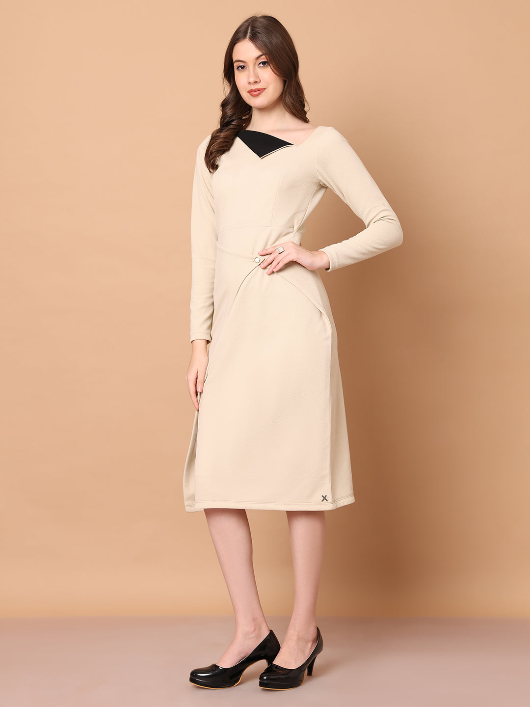 Exude Feminine Flair Front Fold Wrap Dress Beige Dresses