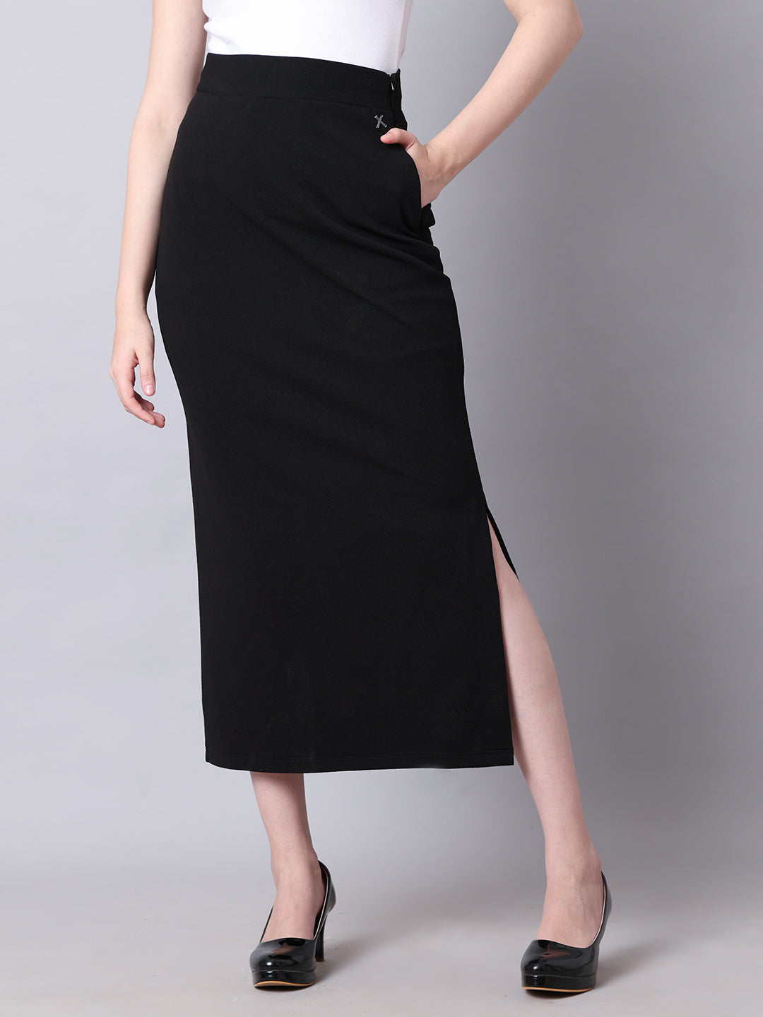 Exude Statement Piece Long Black Skirt with Side Slit Black 