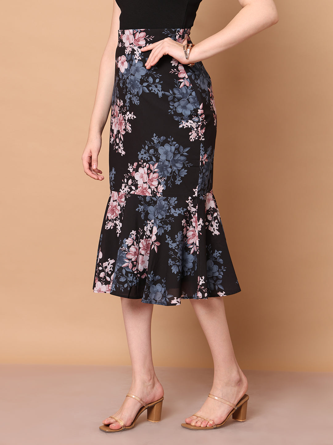 Exude Radiant Reflections Floral Midi Skirt Skirts